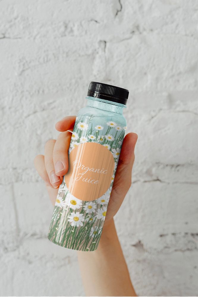 Juice bottle mockup, floral design