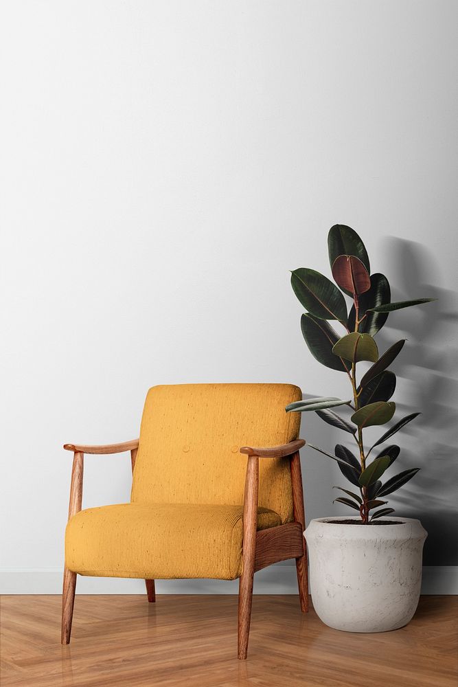 Wall mockup, yellow armchair, interior decor, editable design