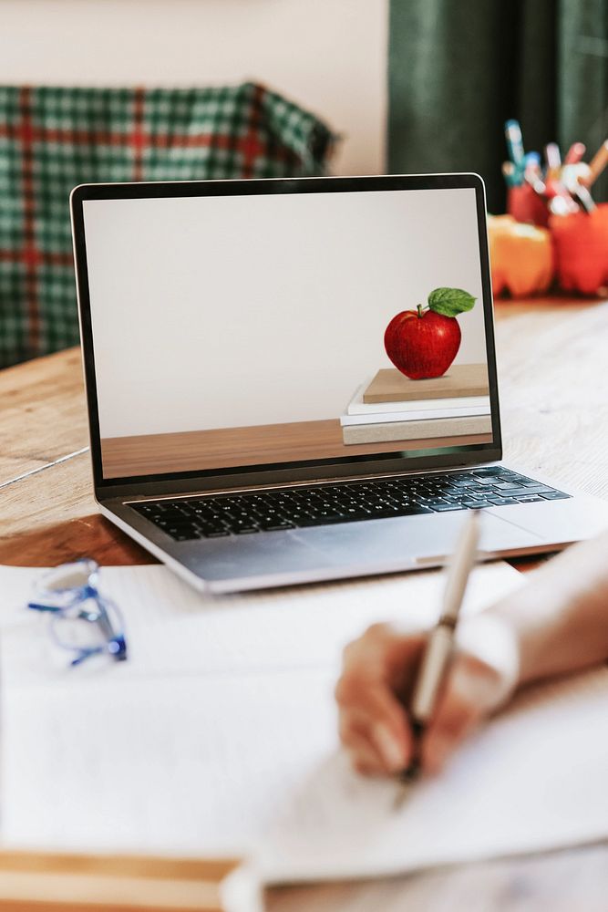 Laptop screen mockup, digital device on a table