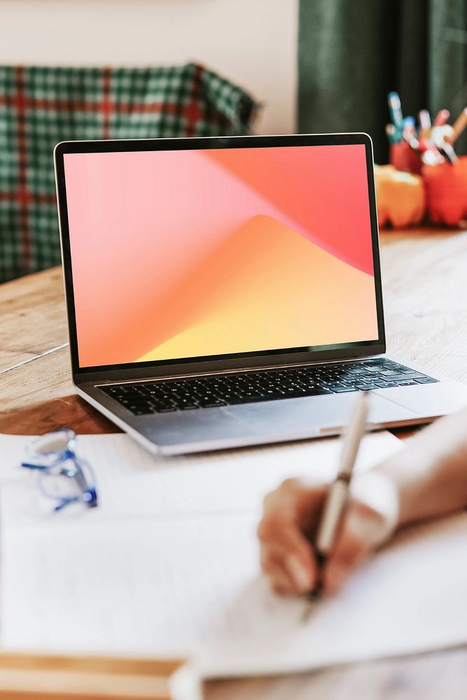 Laptop screen mockup, digital device on a table