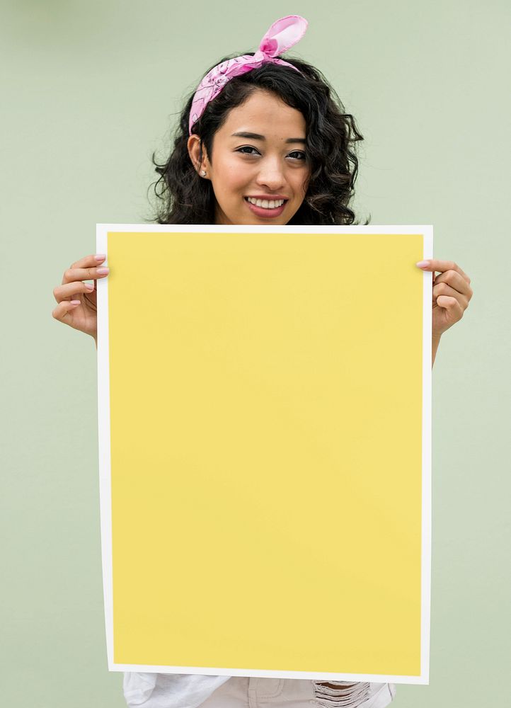 Woman holding poster mockup, editable design