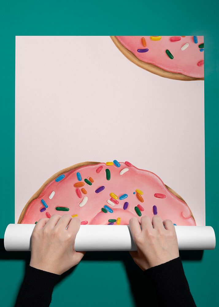Pink donut poster mockup, hand rolling paper