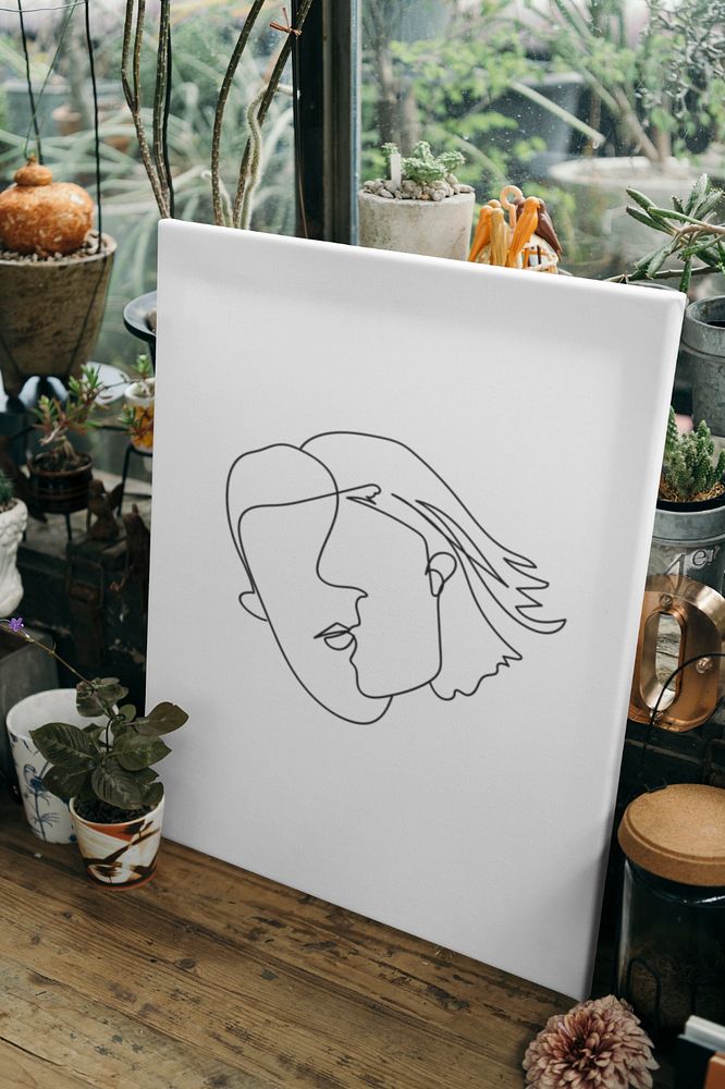 Canvas frame mockup, line art portrait illustration