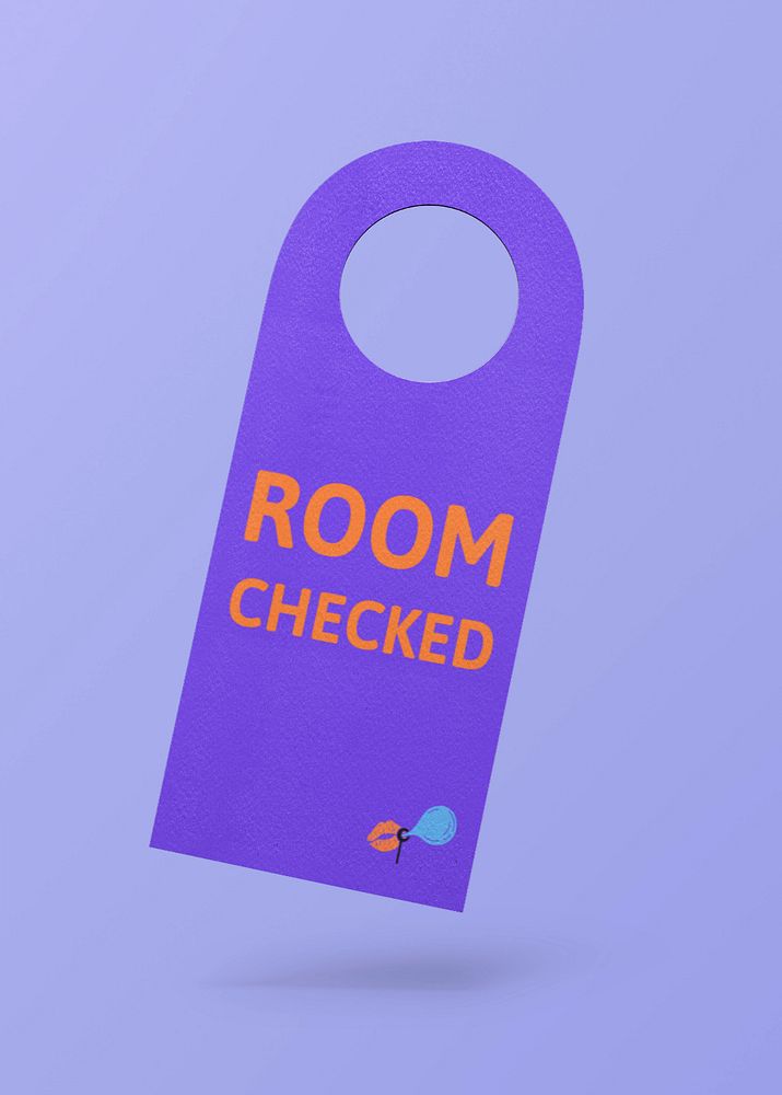 Door tag mockup, purple 3D rendering design 