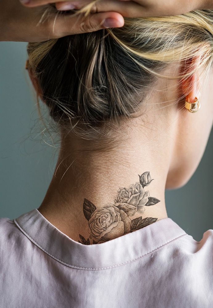 Neck rear-view tattoo mockup, editable rose design