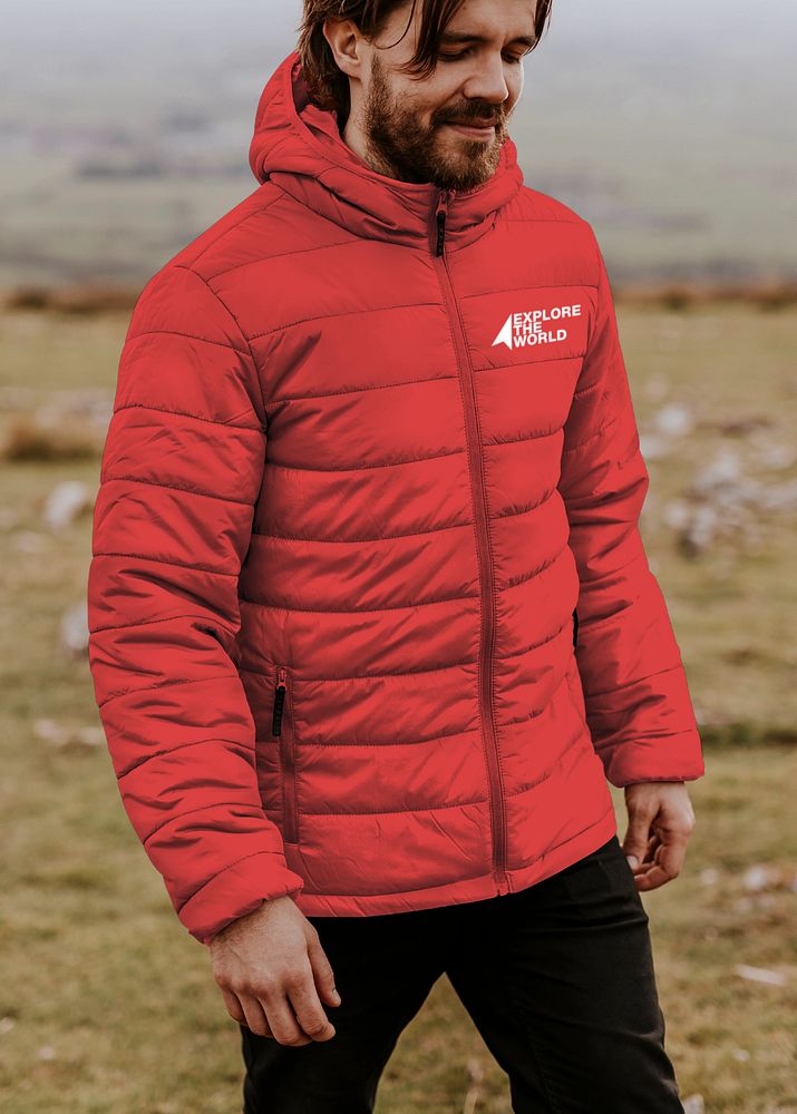 Puffer jacket mockup, outdoor photoshoot 