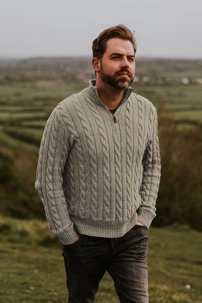 Knitted sweater mockup, men's outdoor outfits 