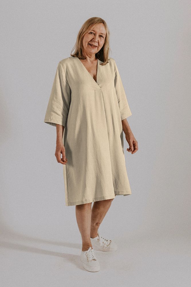 Dress mockup, senior woman, studio shoot