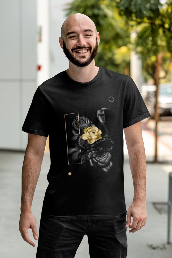 Customizable black t-shirt mockup, men's fashion