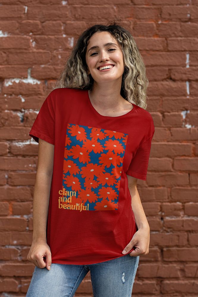 Women's casual t-shirt mockup, editable red design