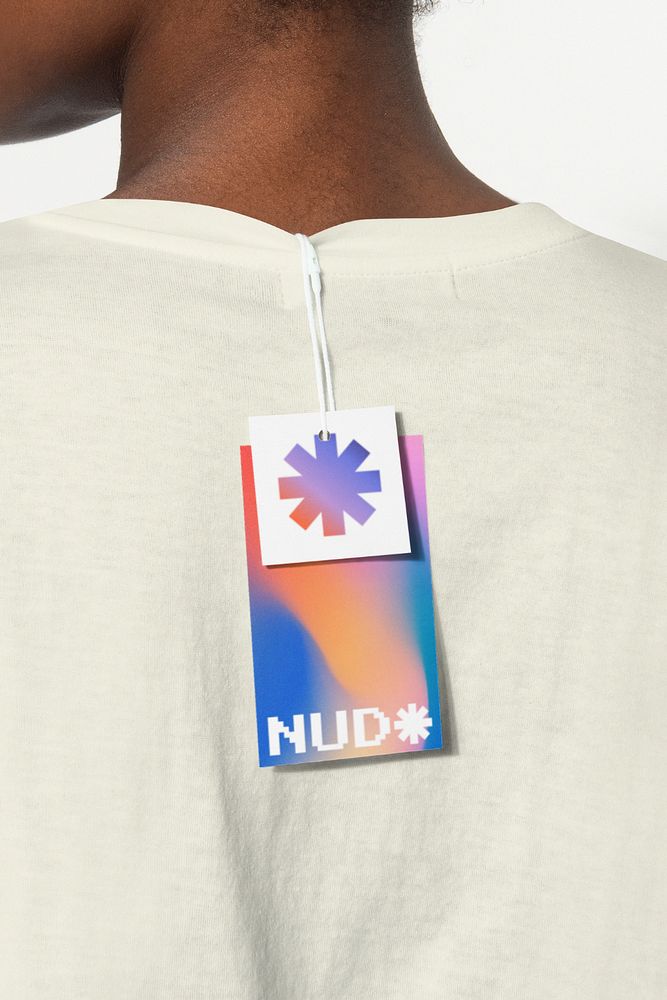 Clothing tag mockup on white tee, editable design