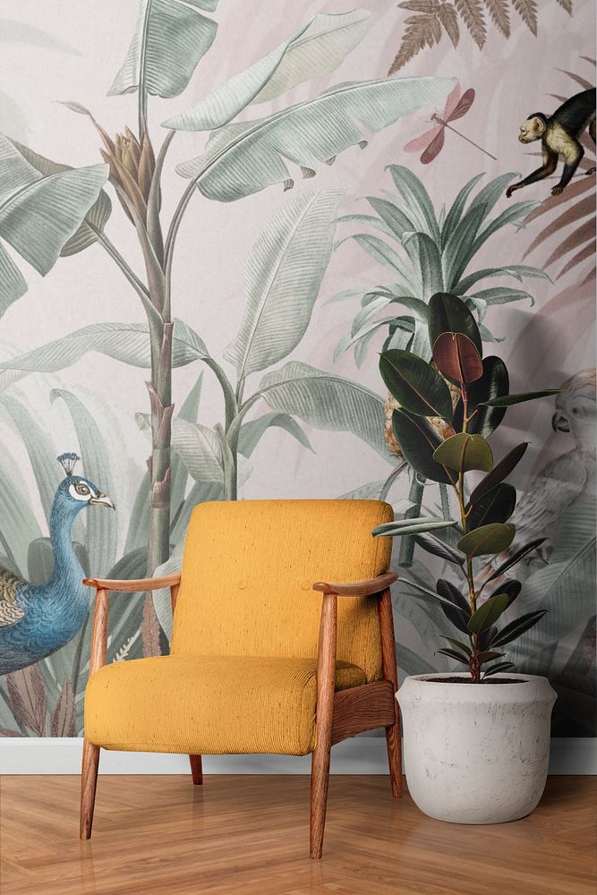 Living room wall mockup, vintage wildlife, editable design