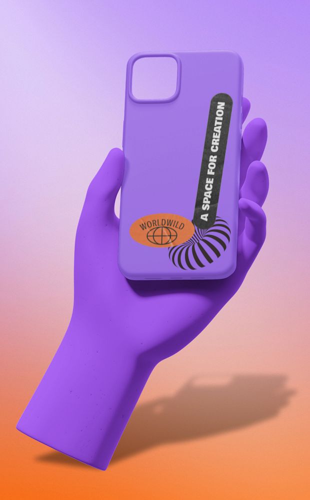 3D iPhone case mockup, editable purple abstract design