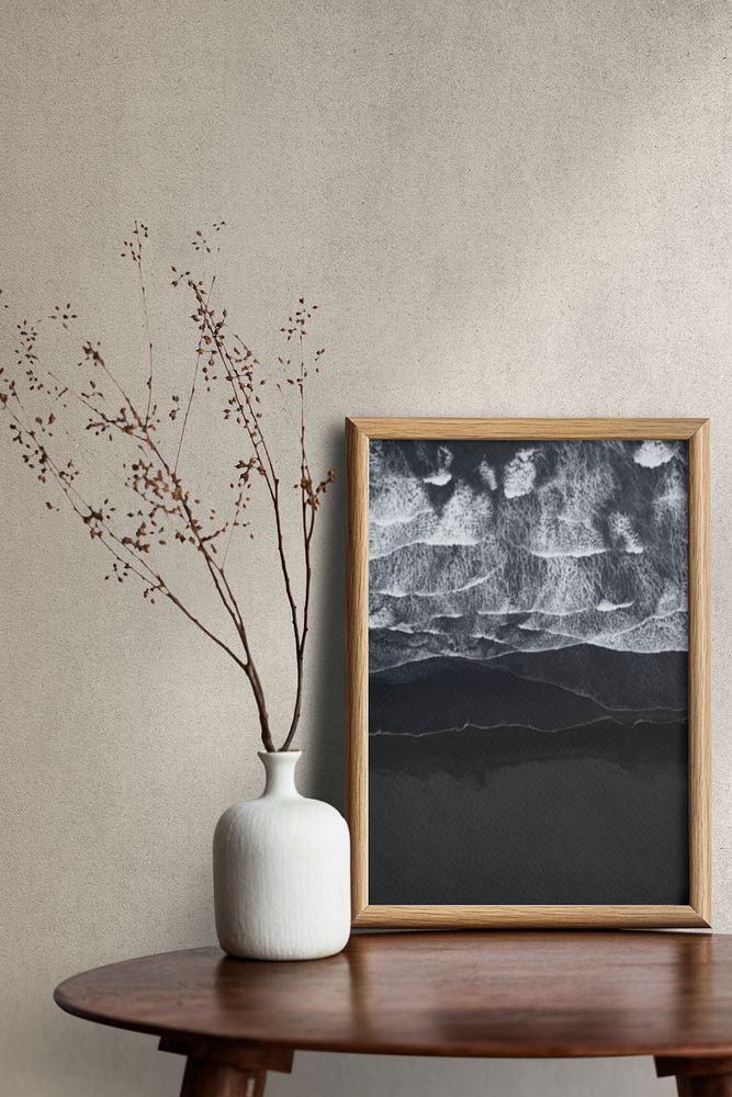 Picture frame mockup on table, editable home decor