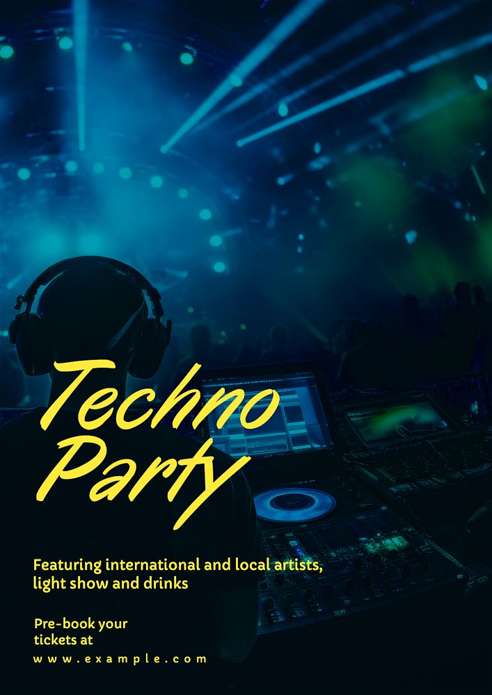 Techno party poster template, editable text and design