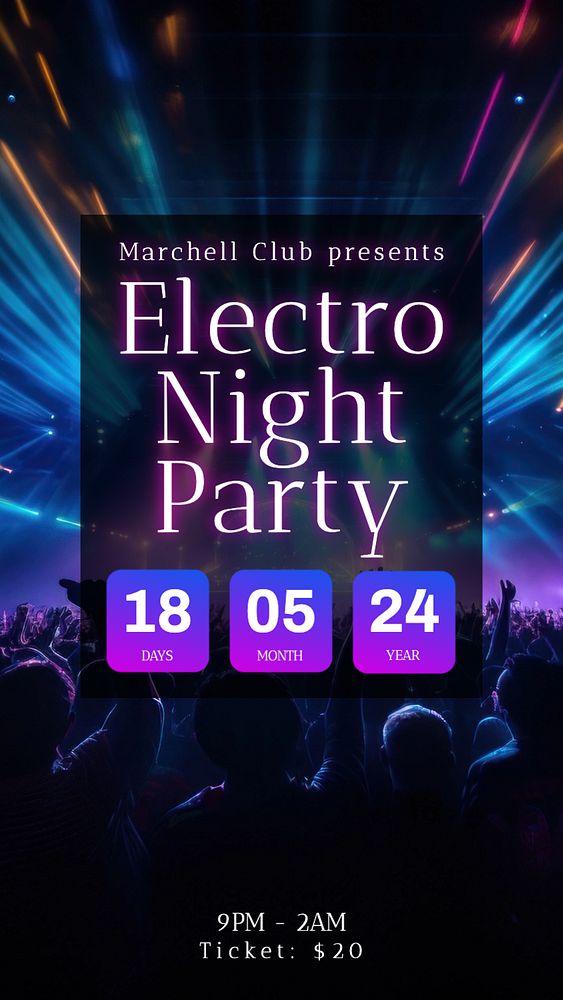 Electro night party Instagram story template, editable text