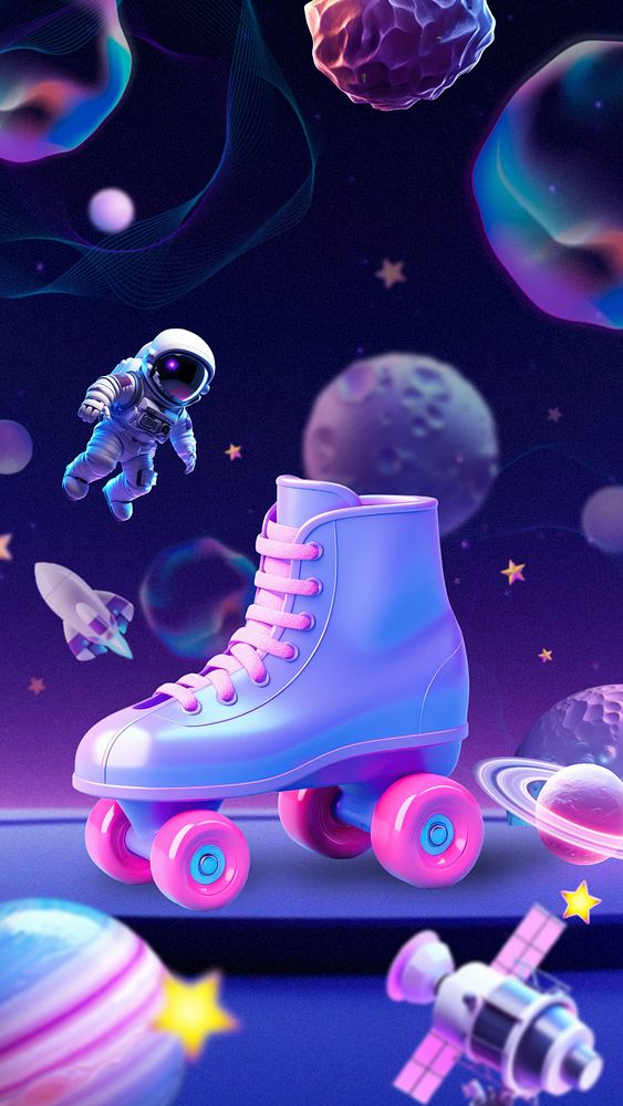 Roller skates 3D iPhone wallpaper, purple futuristic editable design