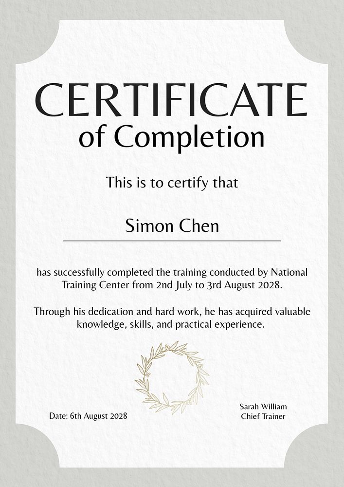 Completion certificate poster template, editable text and design