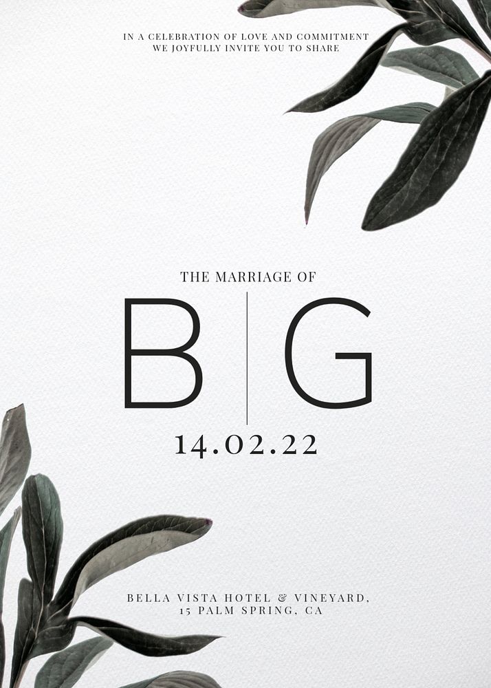 Botanical wedding invitation card template, editable design
