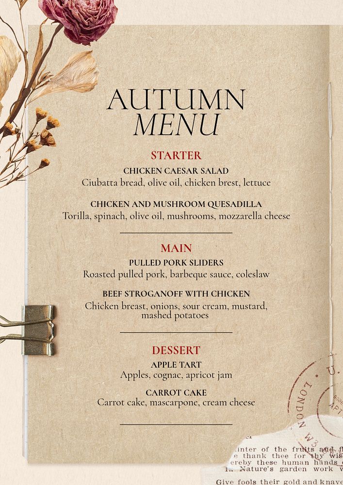 Autumn food menu poster template, editable text and design