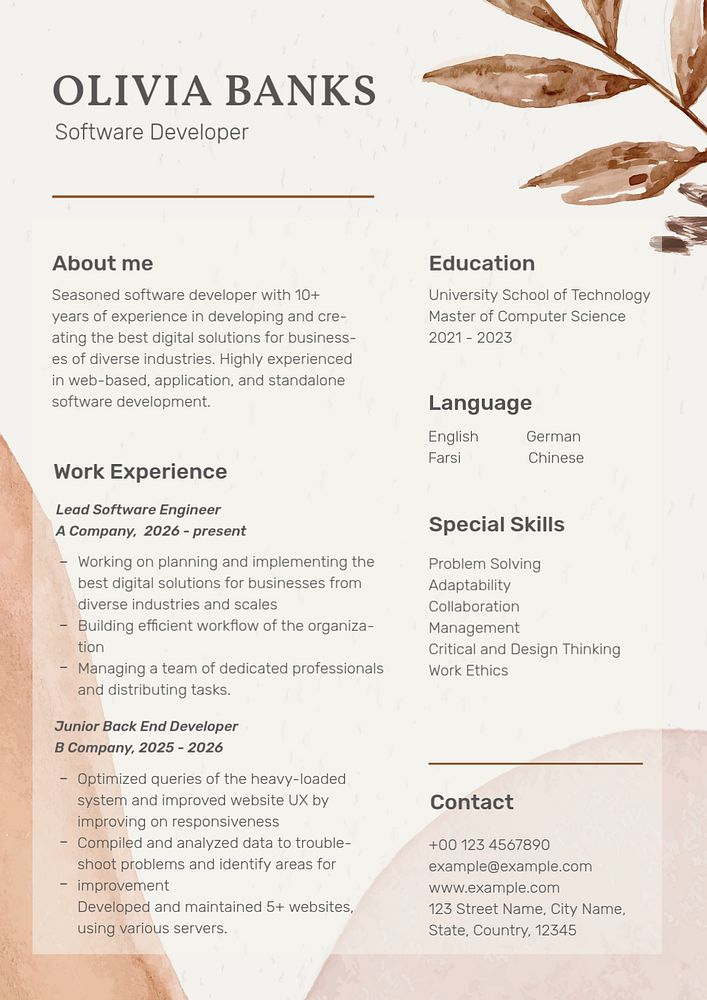 Aesthetic watercolor resume template, editable text