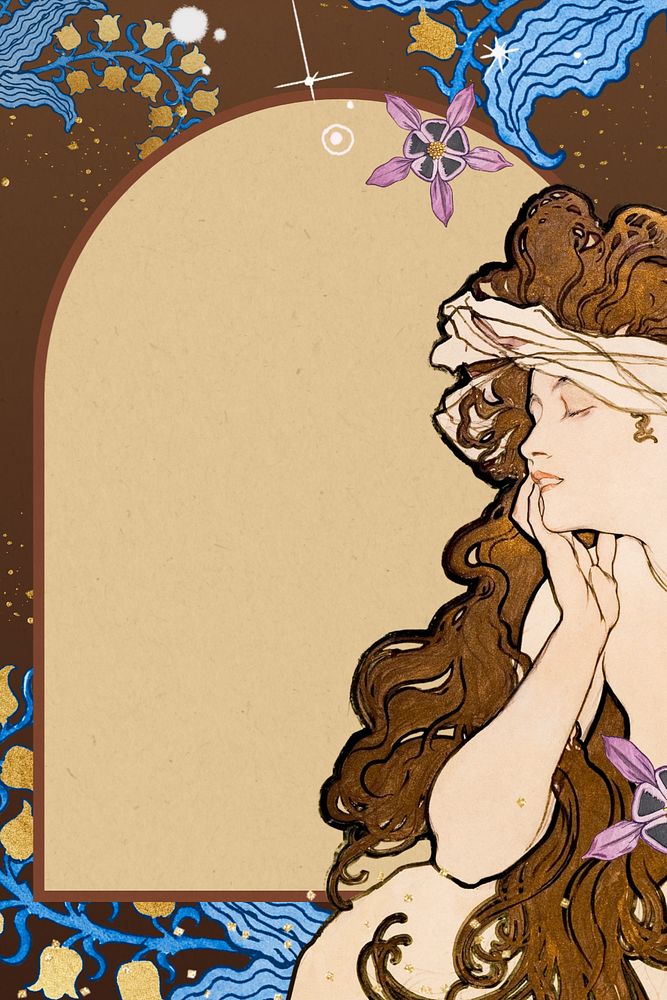 Alphonse Mucha's woman frame iPhone wallpaper, vintage art nouveau illustration. Remixed by rawpixel.