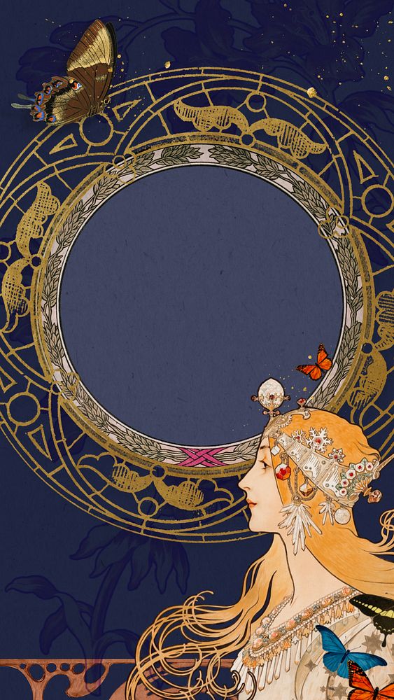 Alphonse Mucha's woman frame iPhone wallpaper, vintage art nouveau illustration. Remixed by rawpixel.