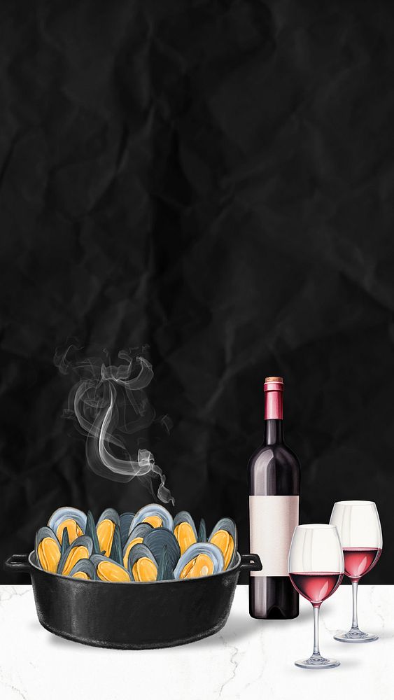 Editable mussels & wine mobile phone, food digital art design