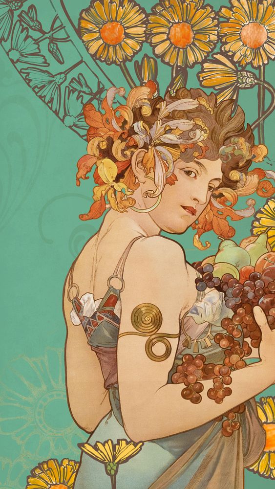 Alphonse Mucha's Fruits iPhone wallpaper, vintage art nouveau illustration. Remixed by rawpixel.