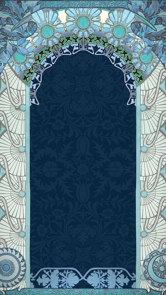 Floral art nouveau frame iPhone wallpaper, blue vintage botanical illustration. Remixed by rawpixel.