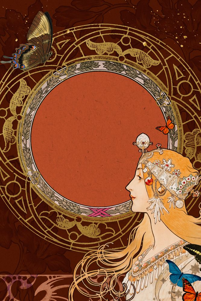 Alphonse Mucha's woman frame background, vintage art nouveau illustration. Remixed by rawpixel.