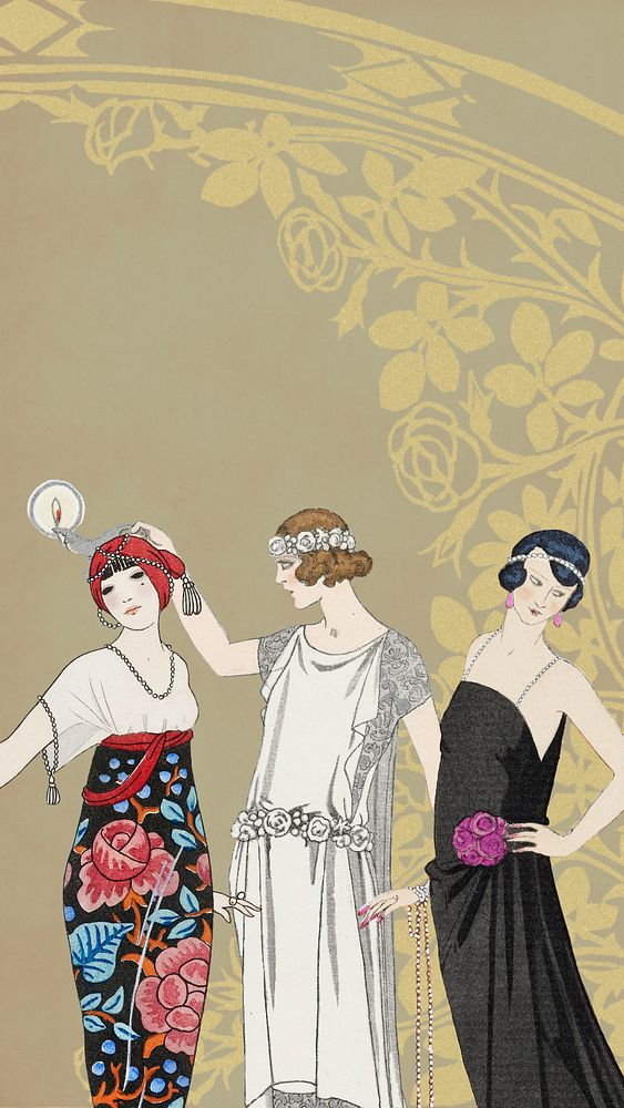 George Barbier's women iPhone wallpaper, vintage fashion illustration. Remixed by rawpixel.