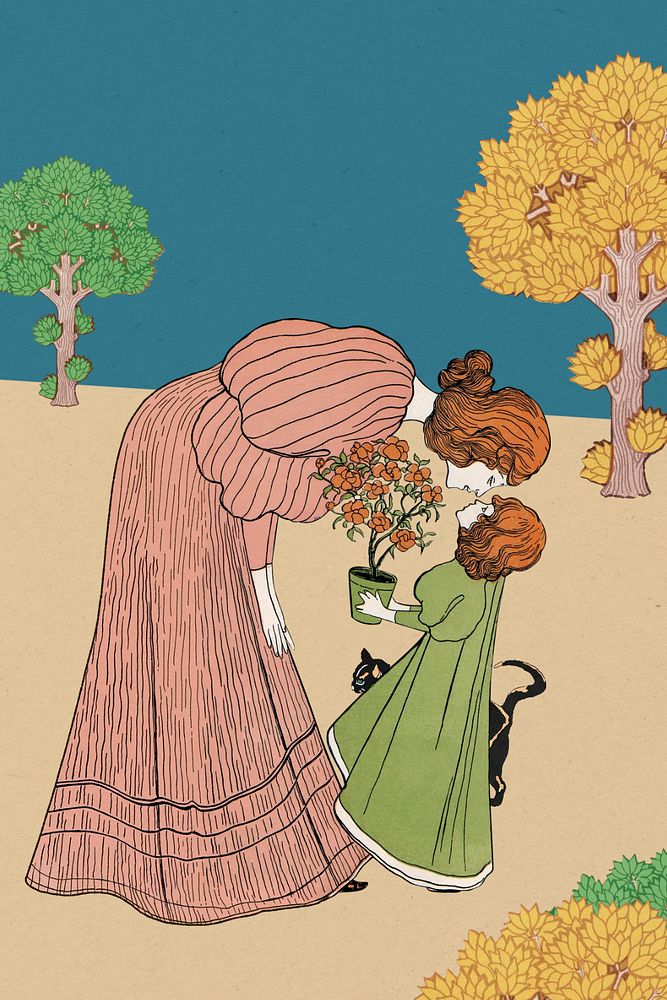 Mother and daughter, Josef Rudolf Witzel's art nouveau illustration. Remixed by rawpixel.