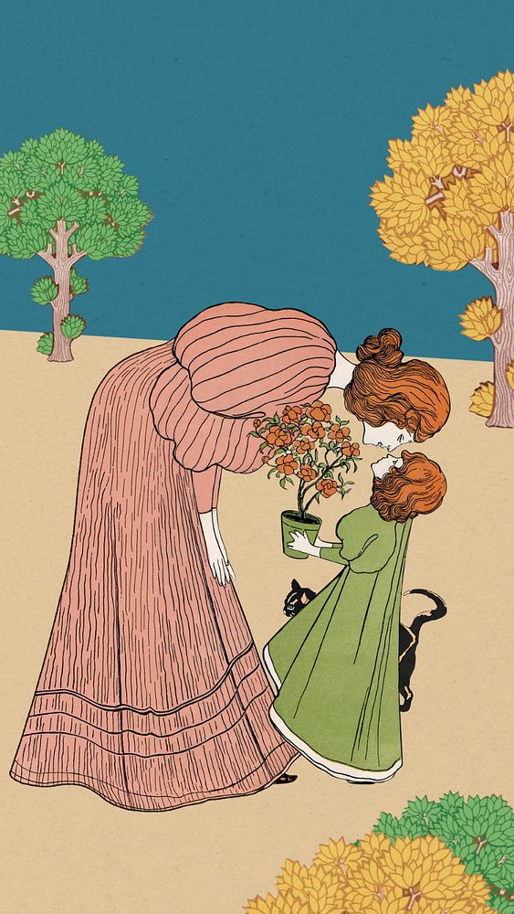 Mother and daughter iPhone wallpaper, Josef Rudolf Witzel's art nouveau illustration. Remixed by rawpixel.