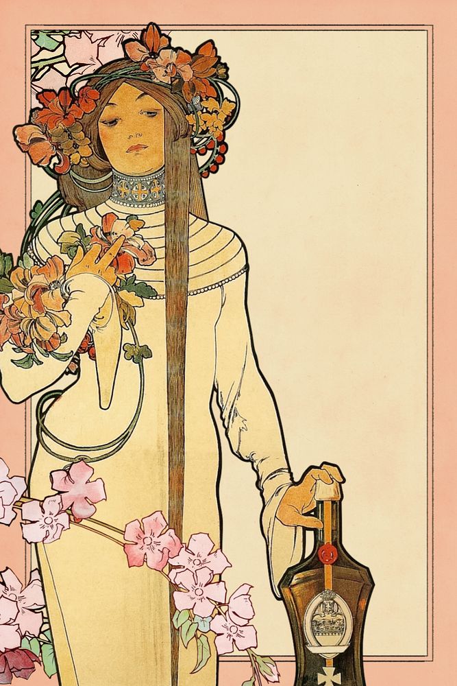 The Trappistine frame background, Alphonse Mucha's famous artwork. Remixed by rawpixel.