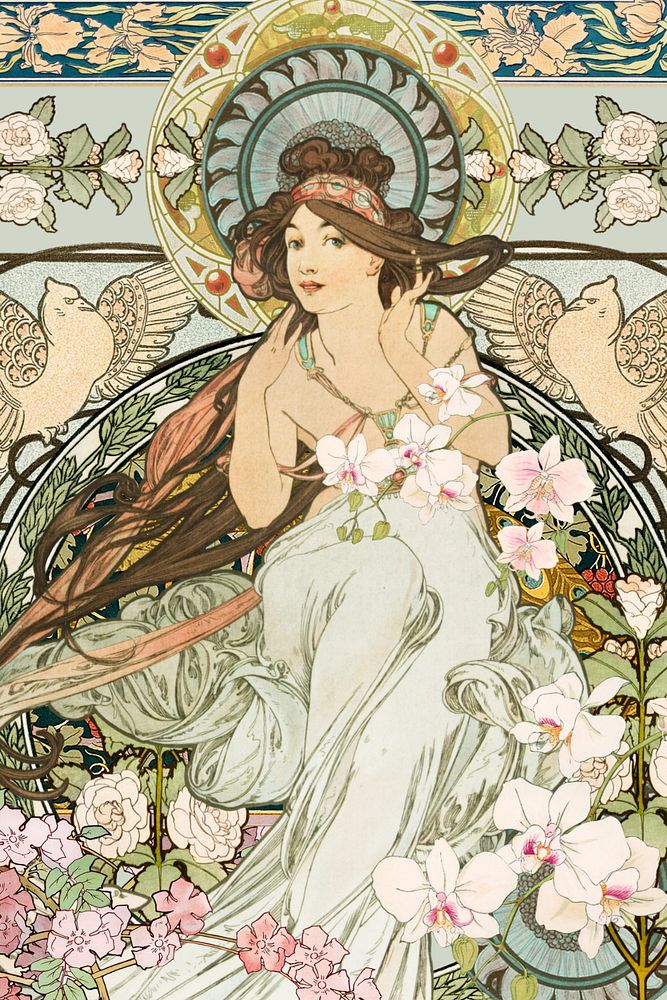 Alphonse Mucha's Music, floral woman art nouveau illustration. Remixed by rawpixel.