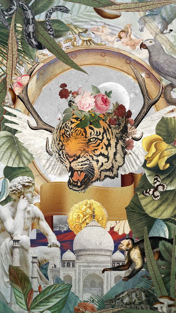 Vintage fantasy animal collage iPhone wallpaper editable design