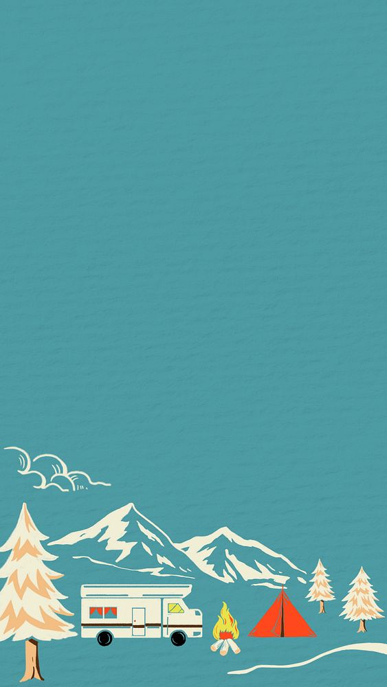 Green Camping travel iPhone wallpaper, retro illustration