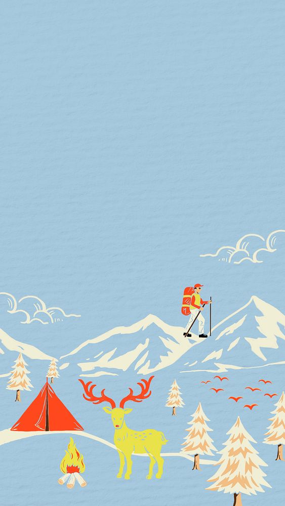 Blue Camping travel iPhone wallpaper, retro illustration