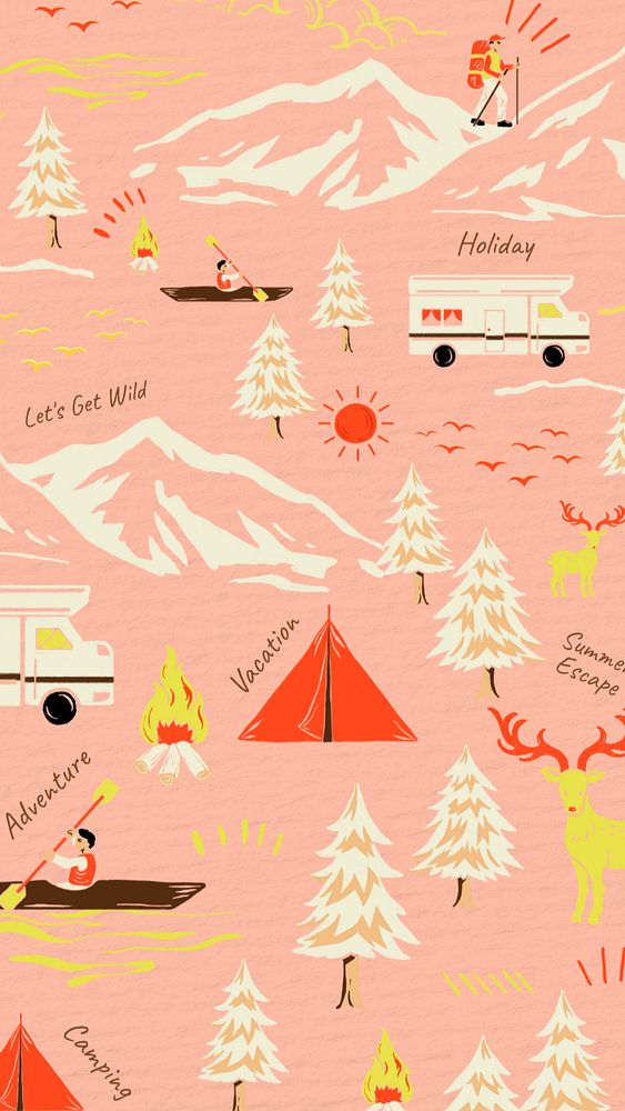 Camping travel pattern iPhone wallpaper, retro illustration