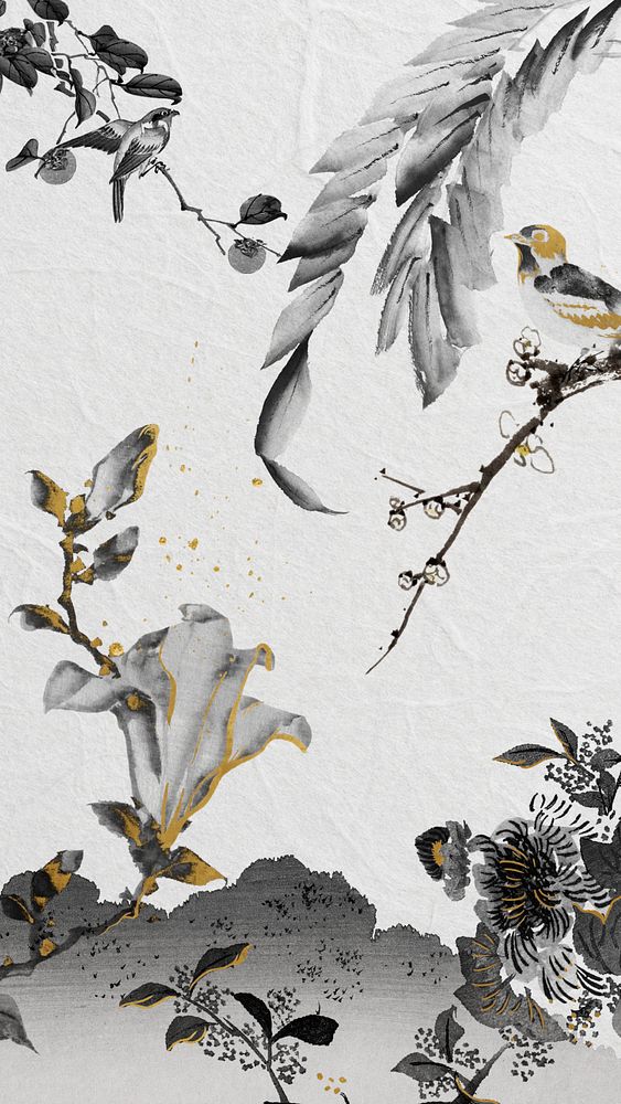 Japanese botanical iPhone wallpaper, vintage illustration. Remixed by rawpixel.