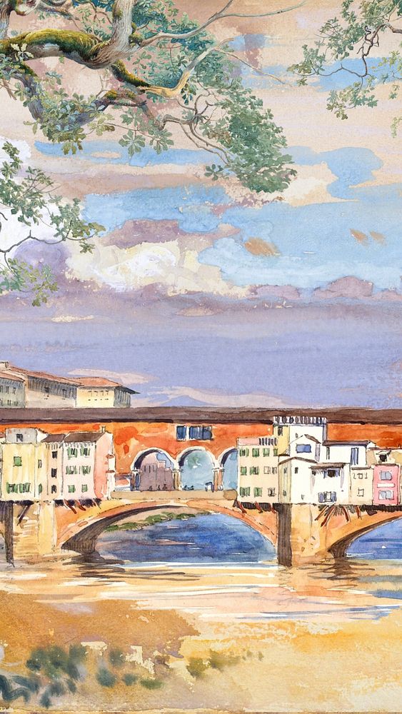 Ponte Vecchio, Florence iPhone wallpaper, vintage illustration. Remixed by rawpixel.