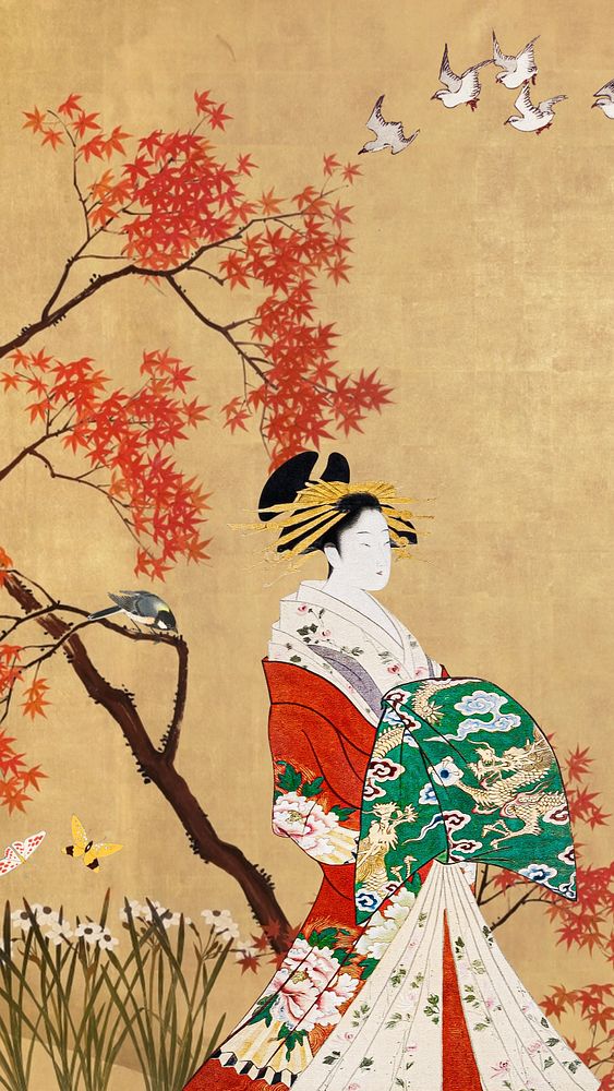 Japanese Geisha woman iPhone wallpaper, vintage illustration. Remixed by rawpixel.