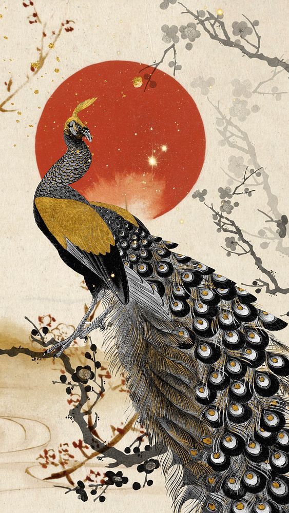 Japanese peacock iPhone wallpaper, vintage animal illustration. Remixed by rawpixel.