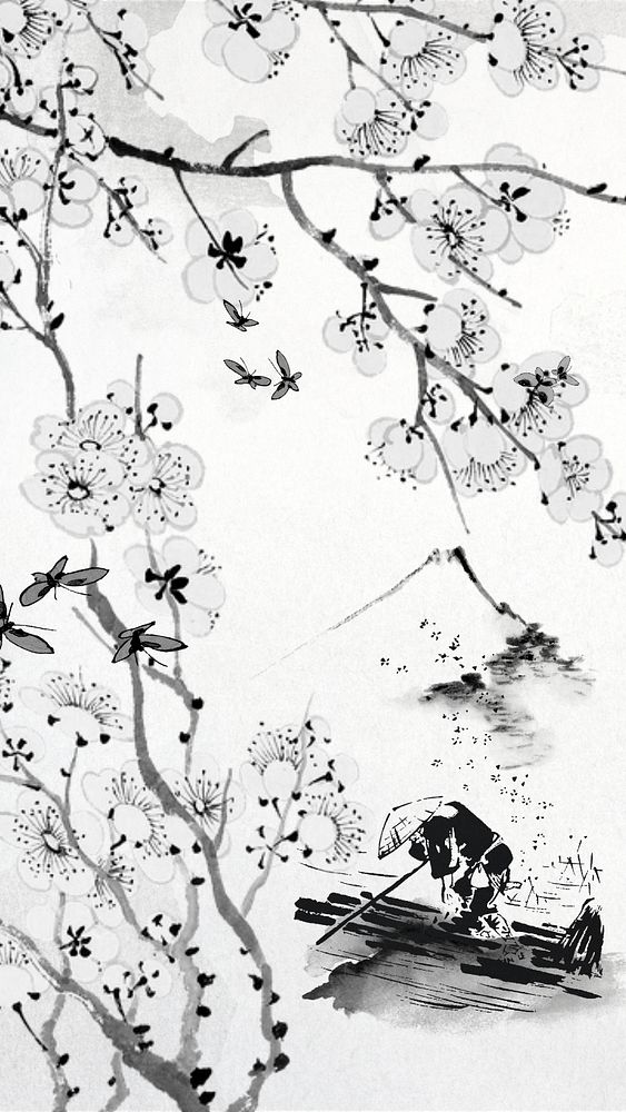 Japanese cherry blossom iPhone wallpaper, vintage illustration. Remixed by rawpixel.