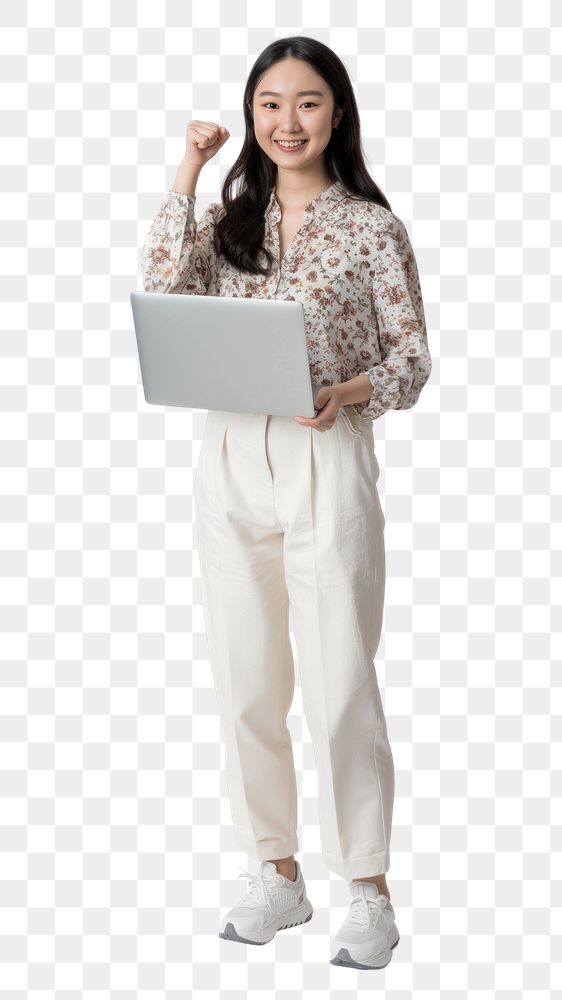 PNG  Woman with laptop standing electronics clothing.