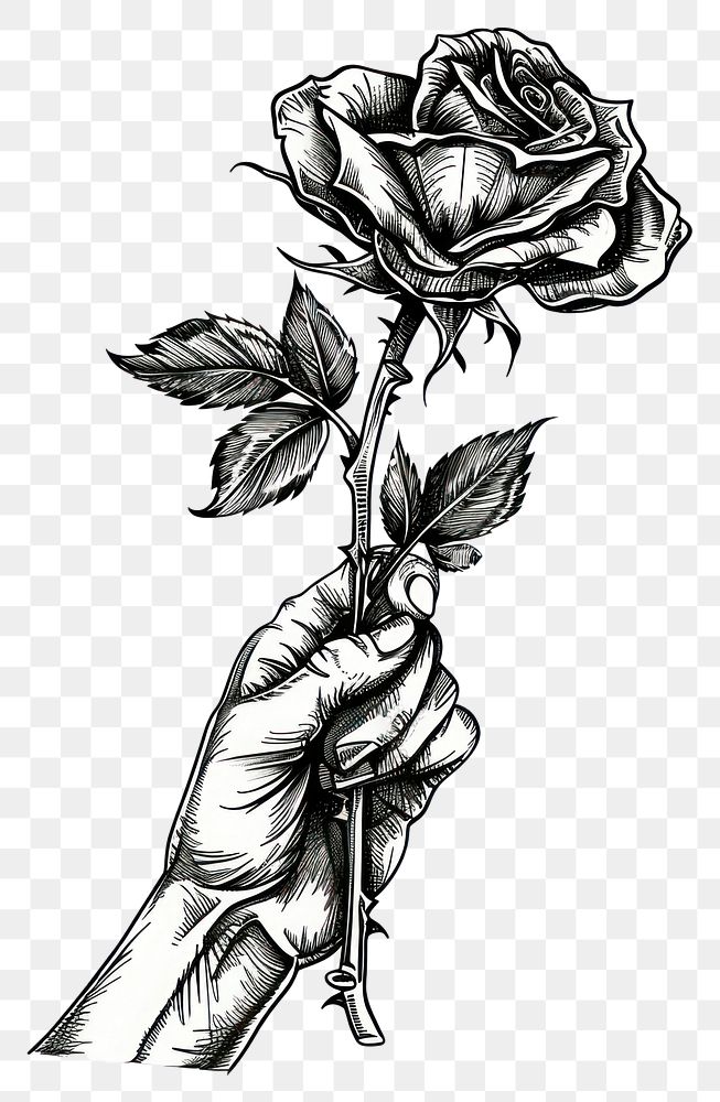 PNG Hand holding a rose illustrated drawing blossom.
