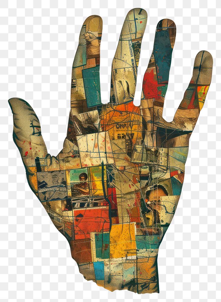 PNG Spread hand figure shape with pictures inside poverty concept patchwork painting collage.