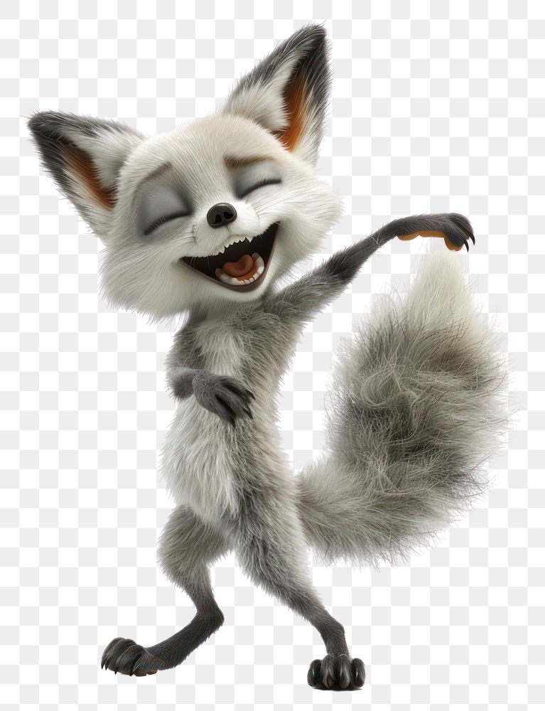 PNG Happy smiling dancing fox light grey wildlife figurine animal.