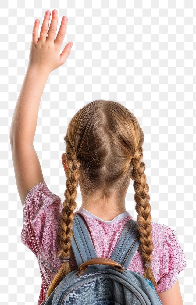 PNG Girl raising hand to answer a question backpack female person.